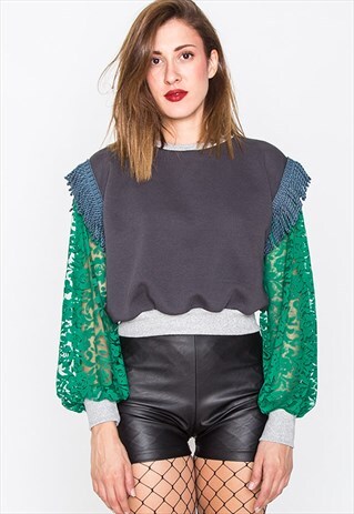 GREY JUMPER WITH LACE SLEEVES AND BACK