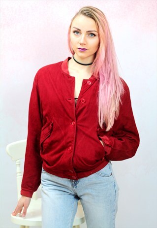 1980S VINTAGE REAL SUEDE RED BOMBER JACKET