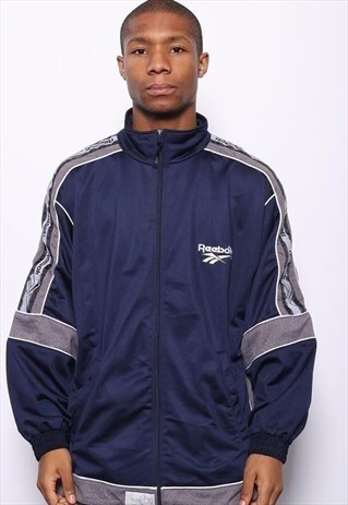 VINTAGE REEBOK TAPE LOGO TRACK JACKET NAVY BLUE