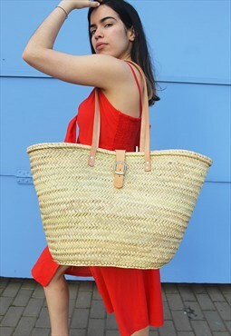 Extra Large Straw Shoulder Bag with Leather Strap