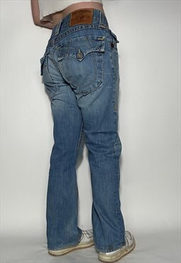 True Religion wide leg vintage jeans 90s blue embroidered 