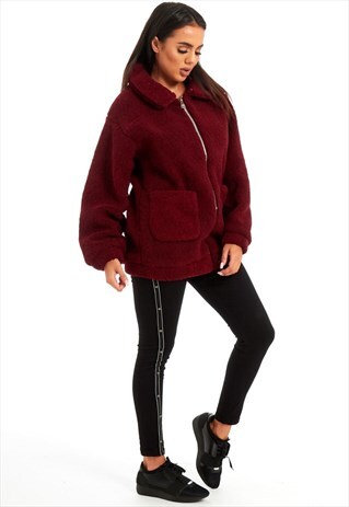WINE BORG FAUX FUX TEDDY JACKET