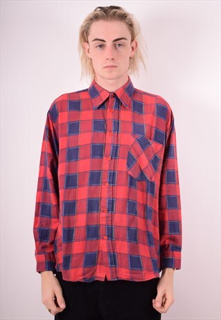 MENS VINTAGE FLANNEL SHIRT MEDIUM RED CHECK 90S
