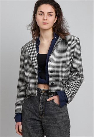 VINTAGE BLACK WHITE CHECKERED CROPPED JACKET