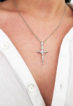 Women's 16" Crucifix Cross Pendant Necklace Chain - Silver