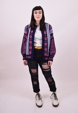 VINTAGE 80'S DESIGNER SUZIE BEE CRAZY PRINT CARDIGAN MEDIUM