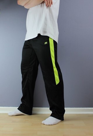 VINTAGE RUSSELL JOGGERS IN BLACK LIME GREEN PRINTED LOGO