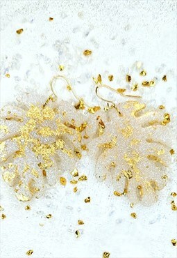 Pearl & Gold Leaf Monstera Resin Earrings