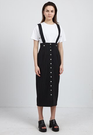 VINTAGE BLACK STRIPED MAXI PINAFORE SKIRT