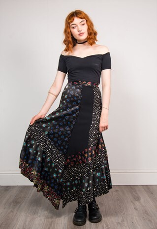 VINTAGE 70'S BLACK FLORAL PATCHWORK HIPPIE MIDI SKIRT