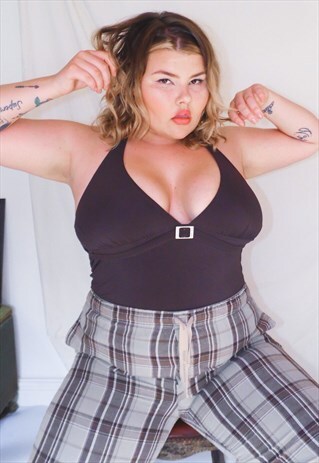 Y2K TANKINI TOP HALTER NECK BACKLESS BROWN PLUS SIZE CURVE