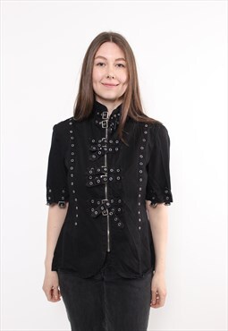 90s black gothic blouse, vintage short sleeve victorian 