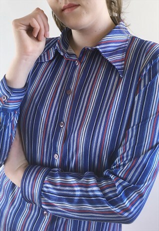 WOMENS VINTAGE 70S BLOUSE BLUE STRIPY LONG SLEEVE SHIRT TOP