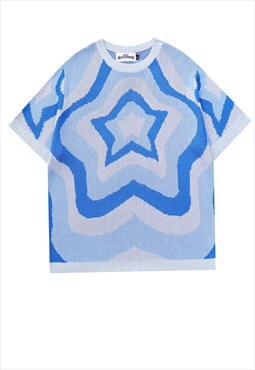 Knitted t-shirt star pattern tee fluffy grunge top in blue