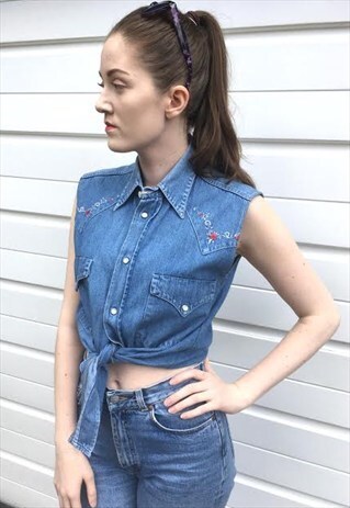 WOMENS VINTAGE BLUE DENIM TIE FRONT CROP TOP SLEEVELESS 80S