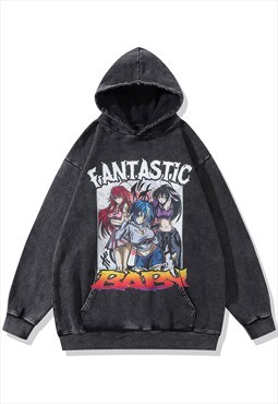 Anime girls print hoodie Japanese pullover cartoon top grey