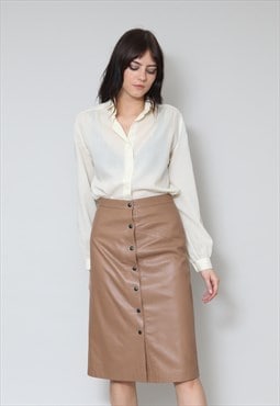 80's Leather Ladies Skirt Brown Leather Popper Midi