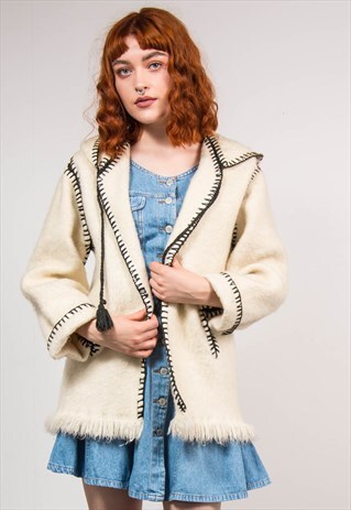 70'S VINTAGE CREAM HIPPIE BOHO FESTIVAL WOOL HOODIE JACKET