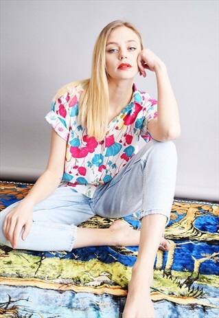 90'S RETRO BOHO HIPPIE FLORAL PATTERN OVERSIZED MOM'S SHIRT