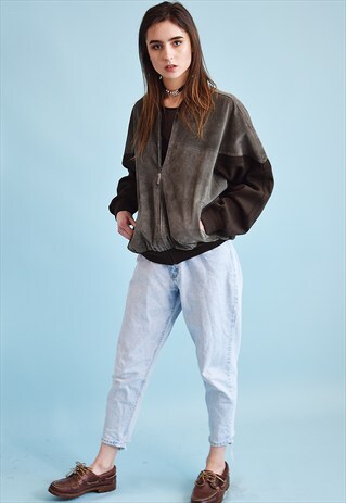 90'S RETRO SUEDE & KHAKI GREEN BOMBER JACKET