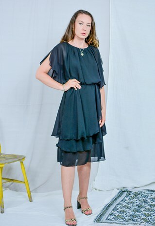 BLACK DRESS SHEER VINTAGE 90S MESH FRILL SLEEVES L