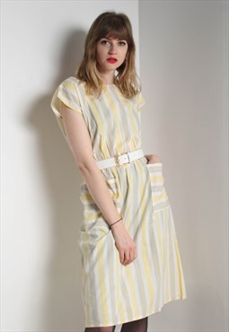 Vintage 80s Striped Pocket Tea Dress Yellow