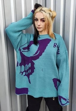 Butterfly knitwear sweater ripped skull jumper in turquois