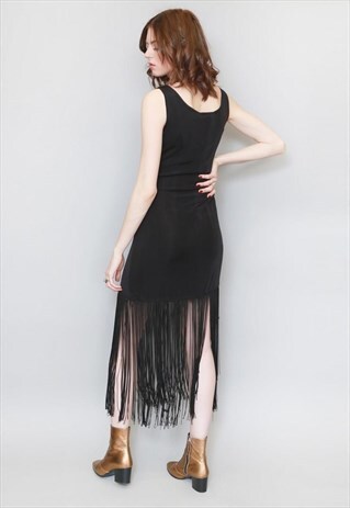 VINTAGE 1970'S BLACK TASSELED MAXI DRESS
