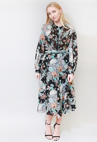 VINTAGE 1970'S FLORAL BLACK & BLUE MIDI DRESS