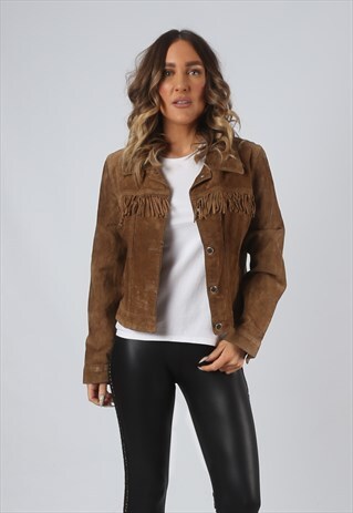 SUEDE LEATHER FRINGE TASSEL FITTED JACKET VINTAGE UK 12 DK5B