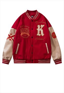 College baseball varsity jacket faux leather MA-1 bomber red