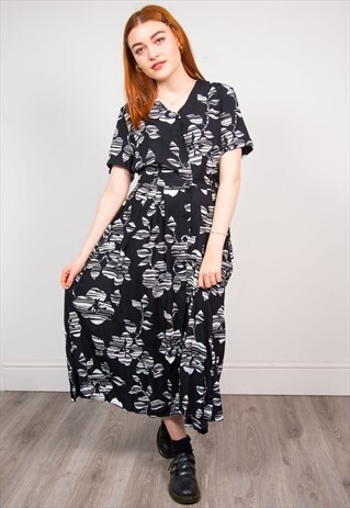 VINTAGE 90'S BLACK & WHITE FLORAL PATTERN MIDI DRESS