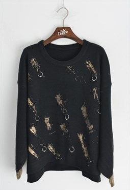  Balloon Sleeve Jumper with Gold Metallic Print and Ring