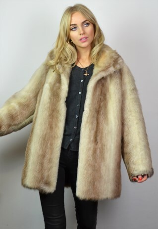 VINTAGE 70S CREAM & BROWN ARCTIC FAUX FUR JACKET / COAT