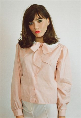 1960S VINTAGE BABY PINK PETER PAN COLLAR BOW BLOUSE - MOD