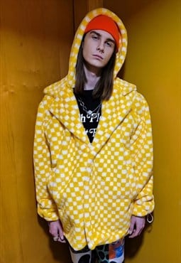 Chequerboard fleece jacket handmade 2 in 1 check coat yellow