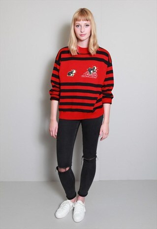 VINTAGE 1980'S RED & BLACK STRIPY JUMPER WITH BEAR IMAGE