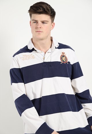 VINTAGE RALPH LAUREN STRIPED RUGBY POLO TOP BLUE WHITE