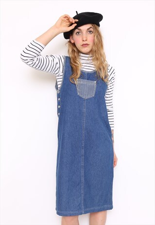 VINTAGE 90S DENIM GINGHAM PINAFORE DRESS