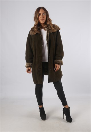 VINTAGE SHEEPSKIN SUEDE SHEARLING COAT MID SHORT UK 16 (93P)