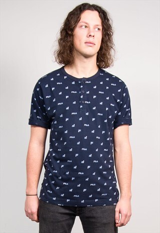 90'S VINTAGE NAVY FILA BUTTON T-SHIRT