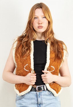 Vintage 90's Women Faux Sheepskin Vest in Brown