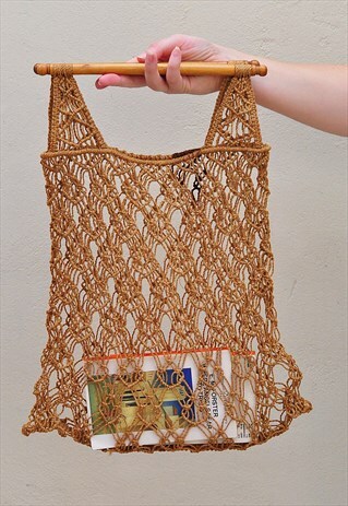 VINTAGE MACRAME CROCHET STRING WOODEN HANDLES TOTE BAG