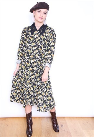 VINTAGE 90S DARK FLORAL PRINT BUTTON DOWN MIDI DRESS