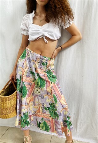 VINTAGE 80S HAUTE BOHEME ABSTRACT BOTANICA MIDI SKIRT BOHO