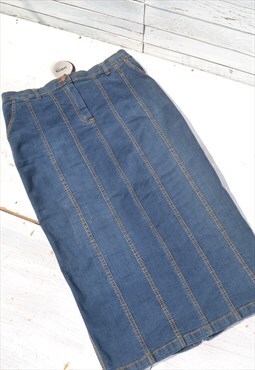 Deadstock blue stretch mid calf denim skirt.