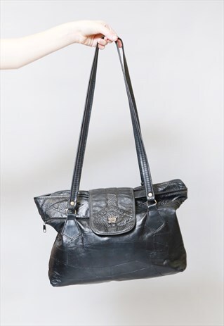 VINTAGE 1980'S OKAYSAC BLACK LEATHER SHOULDER BAG