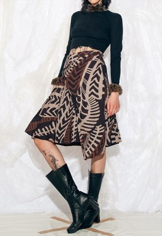 Vintage Y2K Wrap Midi Skirt in Printed Brown