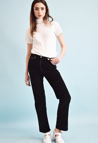 90'S RETRO CORDUROY BLACK REGULAR WAIST FLARE TROUSERS