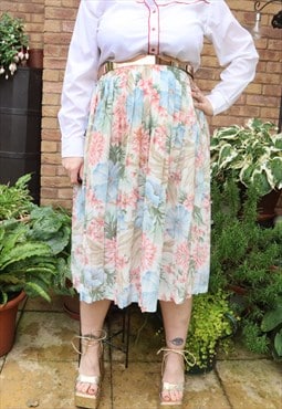 Vintage 90s Cream Cottage Floral Flower Festival Midi Skirt
